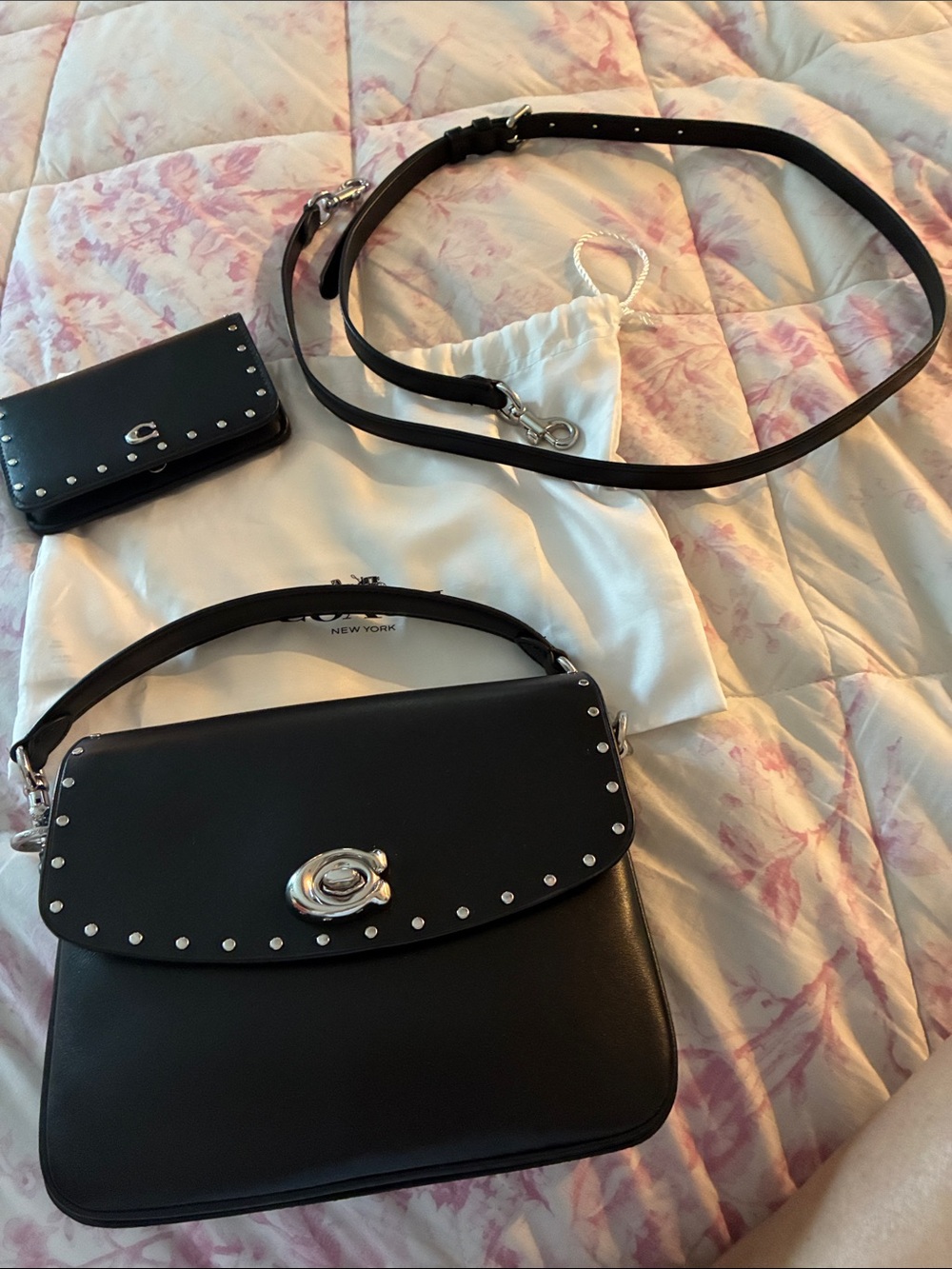 Coach Black Leather Turnlock Shoulder Bag with Silver Studs